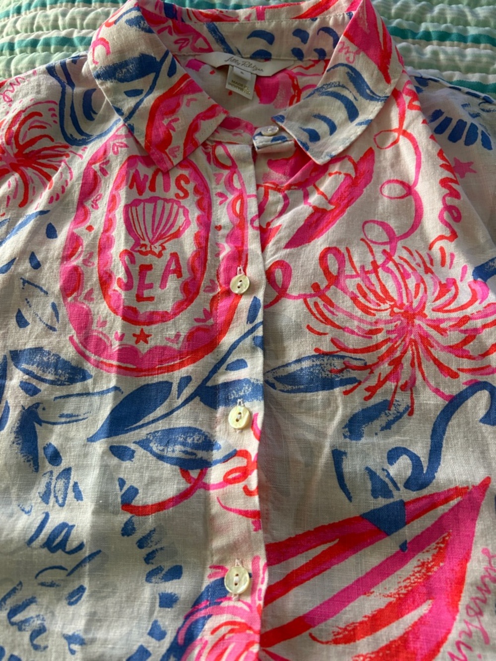 Lilly Pulitzer Pink & Blue Seashell Print Button-Down Top and shorts NWOT